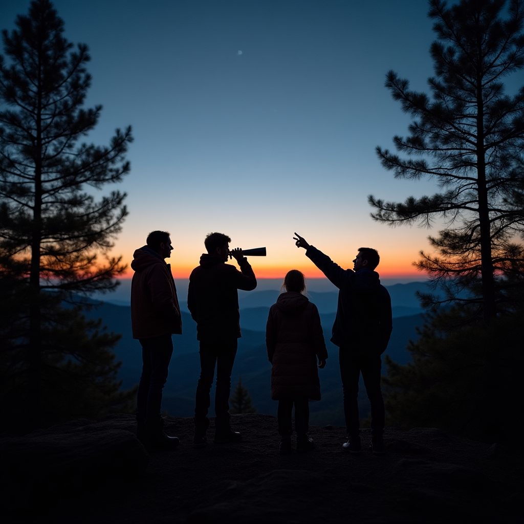 Group of stargazers with a telescope on an Appalachian ridge at dusk in the Northeastern United States