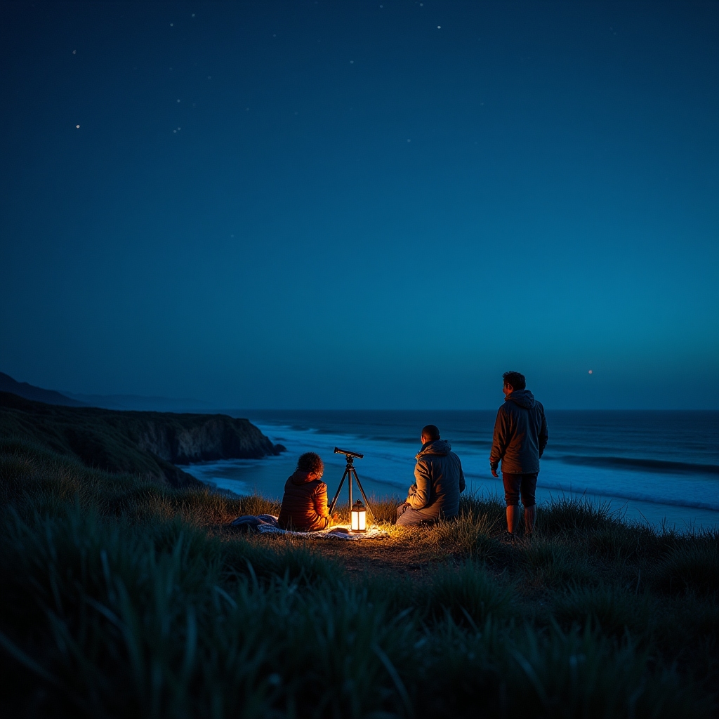 Small group observing the night sky from a coastal bluff on the Pacific coast with the ocean horizon visible