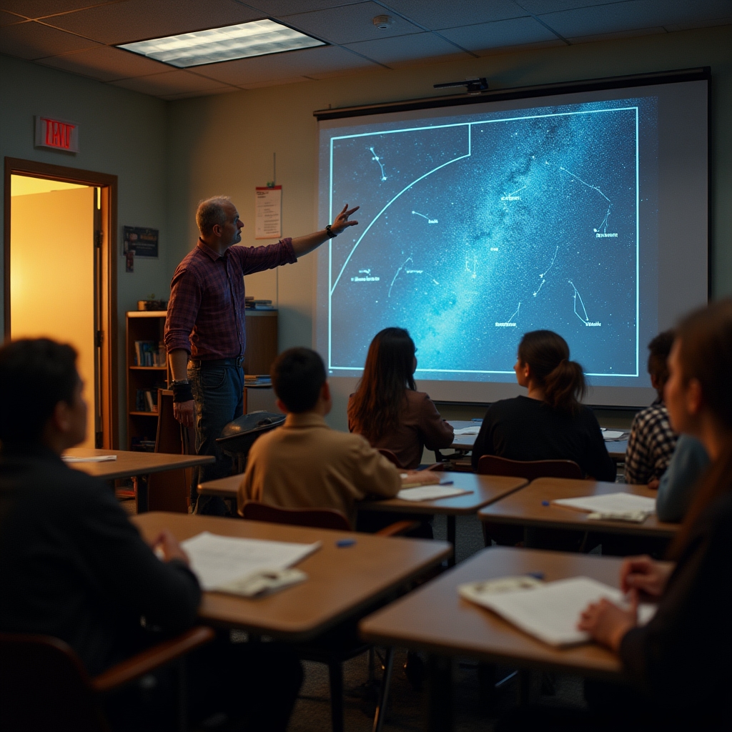 Instructor pointing to a projected star chart in a community classroom setting with attentive adult learners