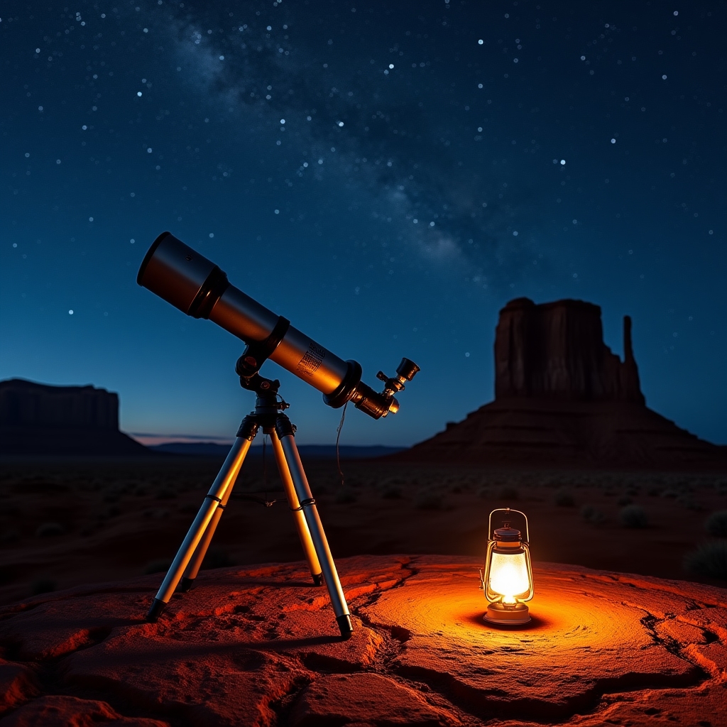 Telescope set up on red desert terrain under a clear starlit sky in the American Southwest