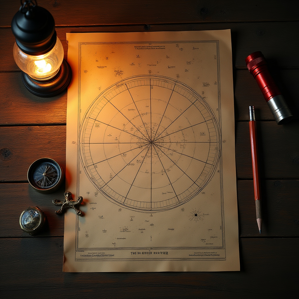 Flat lay of a printed star chart, compass and red flashlight arranged on a wooden table