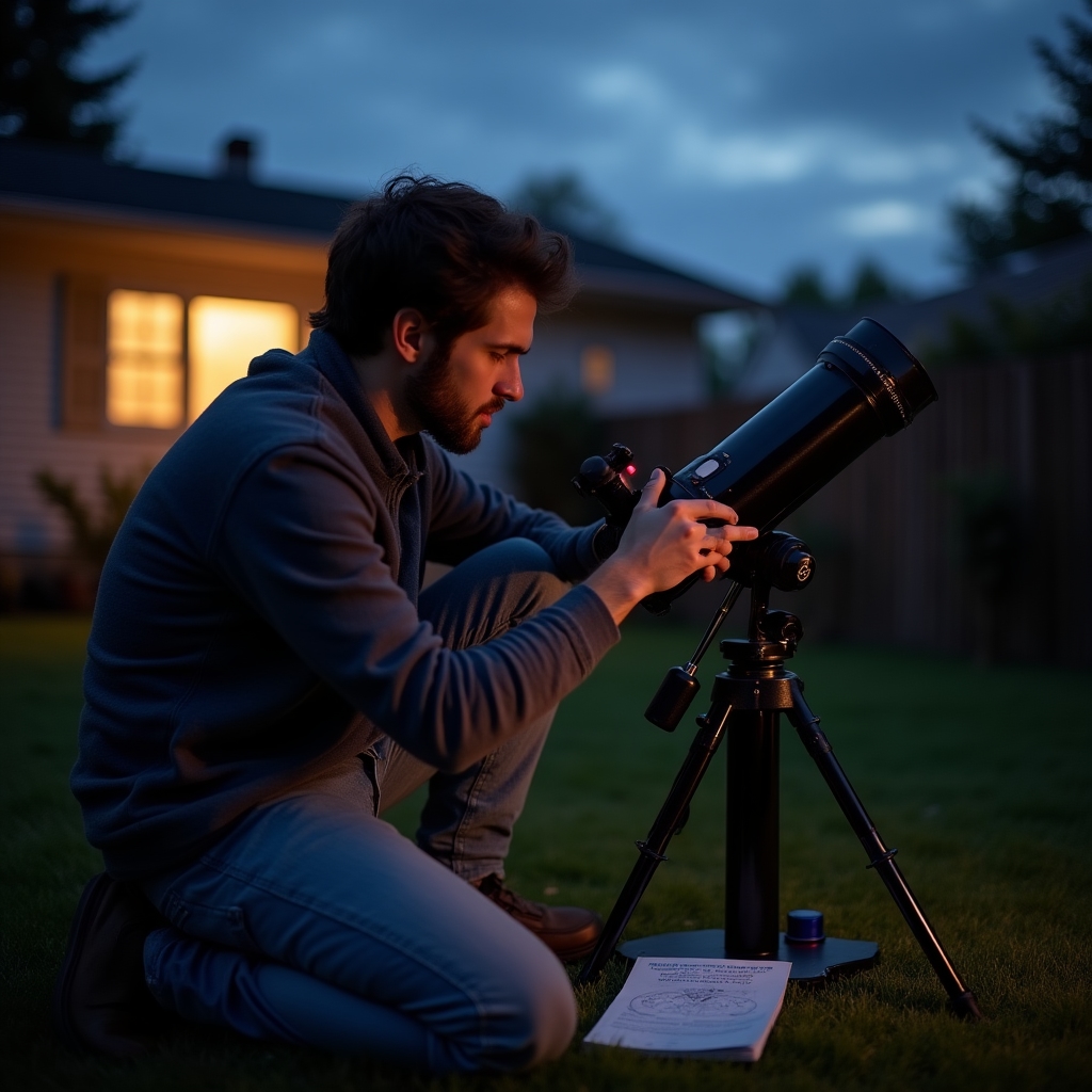 Person adjusting a telescope mount in a backyard at twilight before an observation session